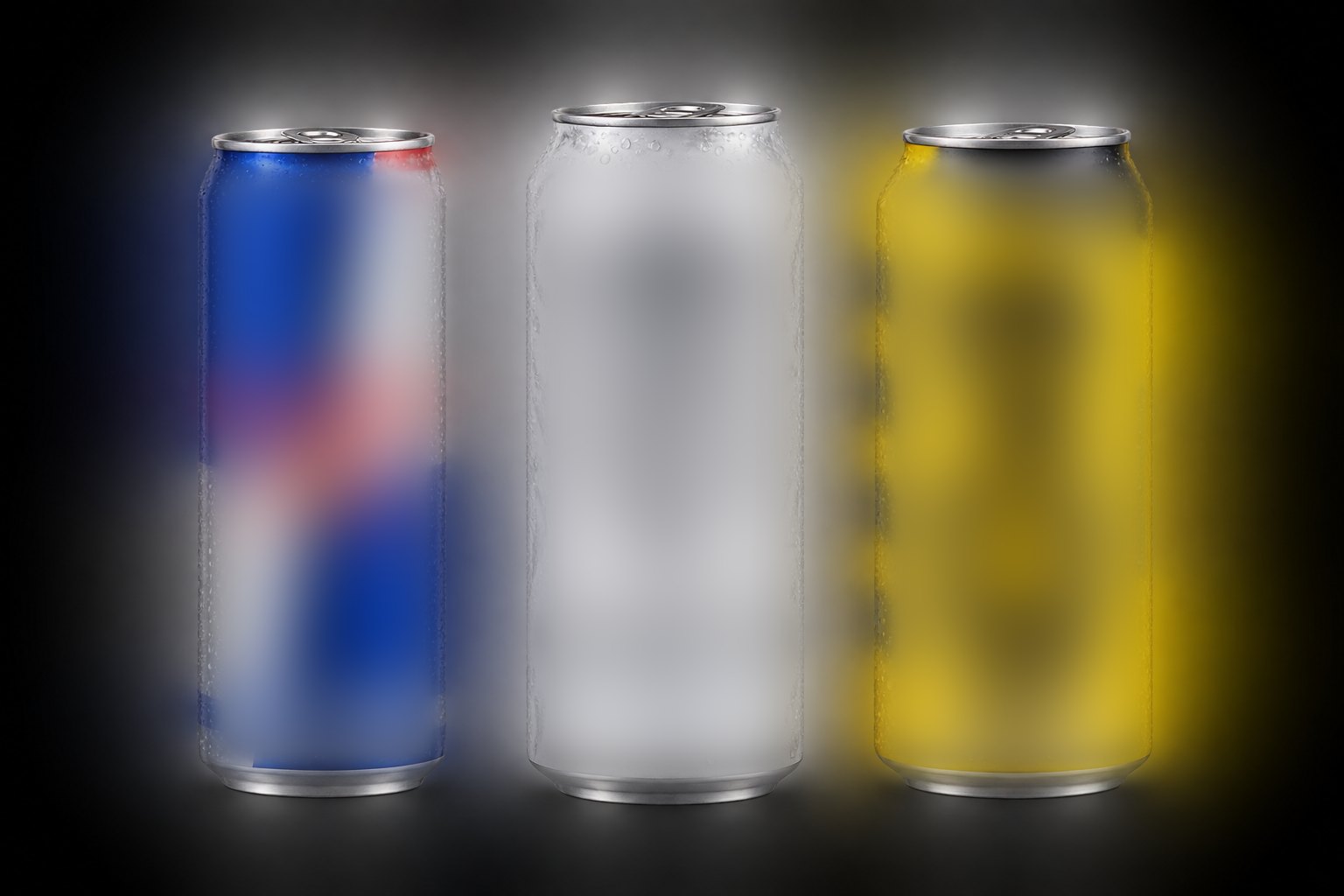 Three popular energy drink cans, labels blurred