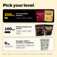 Pick your level: 200mg Max (Raspberry Vanilla, Classic), 100mg Everyday (Apple Cinnamon, Classic), 0mg Caffeine-Free Classic.