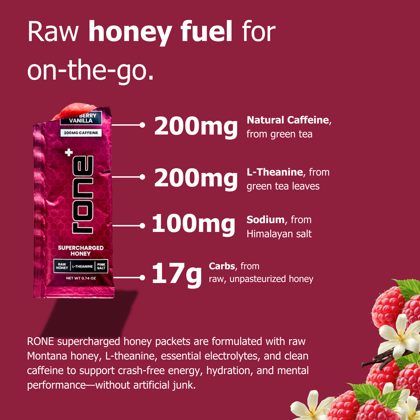 200mg Caffeine - Raspberry Vanilla - SuperCharged Honey (20-Pack)