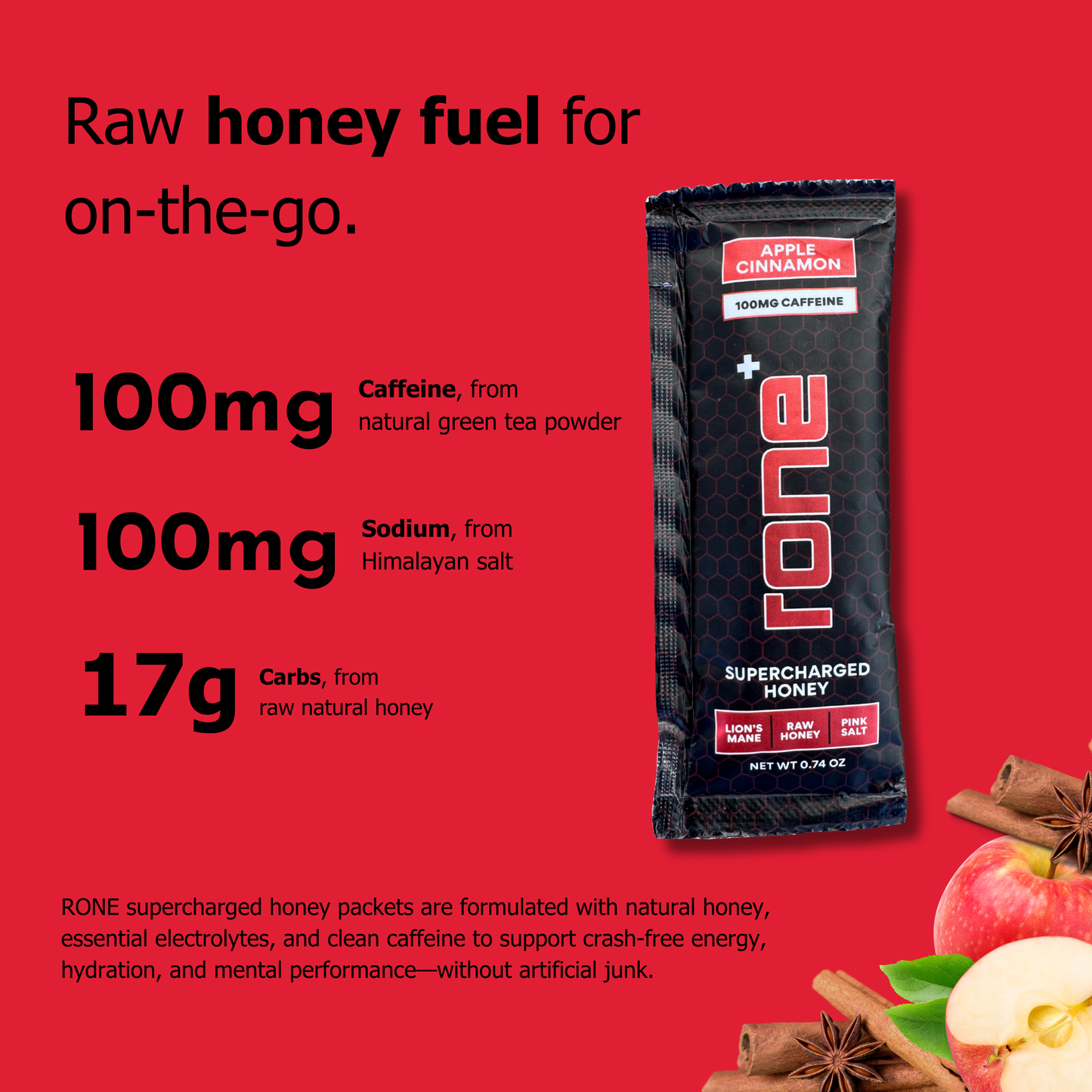 100mg Caffeine - Apple Cinnamon - SuperCharged Honey (20-Pack)