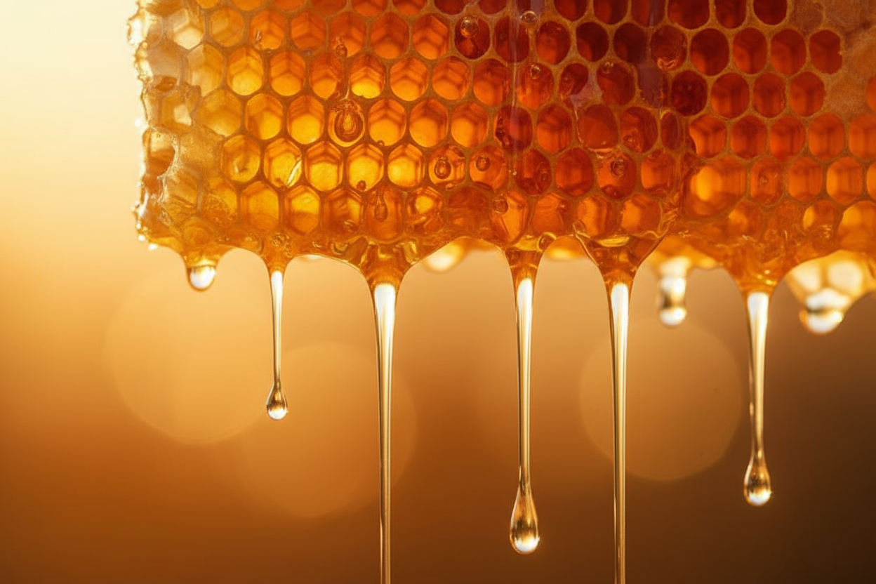 beautiful raw honey dripping off honeycomb