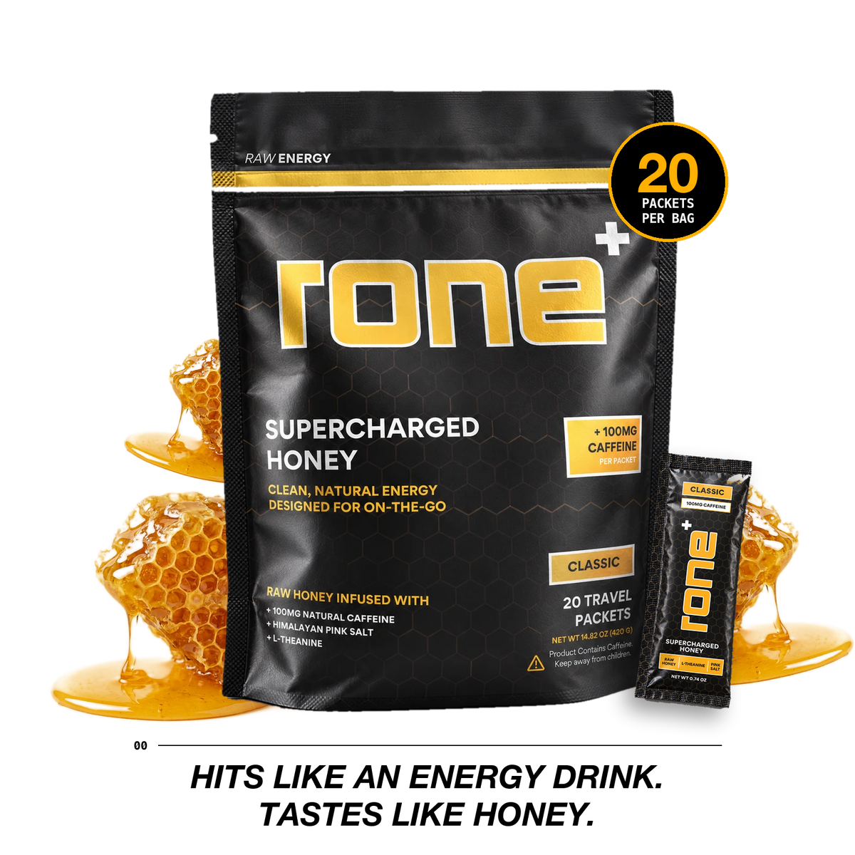 RONE Supercharged Honey bag and packet with raw honeycomb. Nature's performance fuel: 21g raw honey, 100mg natural caffeine, no crash.