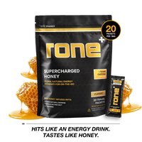 RONE Supercharged Honey Classic bag, 20 packets per bag, with a travel packet and raw honeycomb. Hits like an energy drink. Tastes like honey.