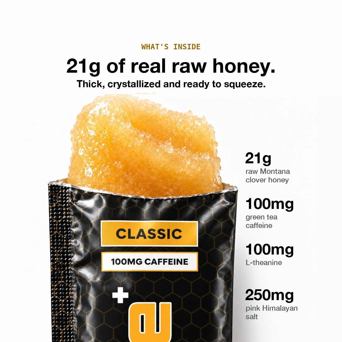 What's inside: an open RONE Classic 100mg packet showing 21g of thick, crystallized raw honey.